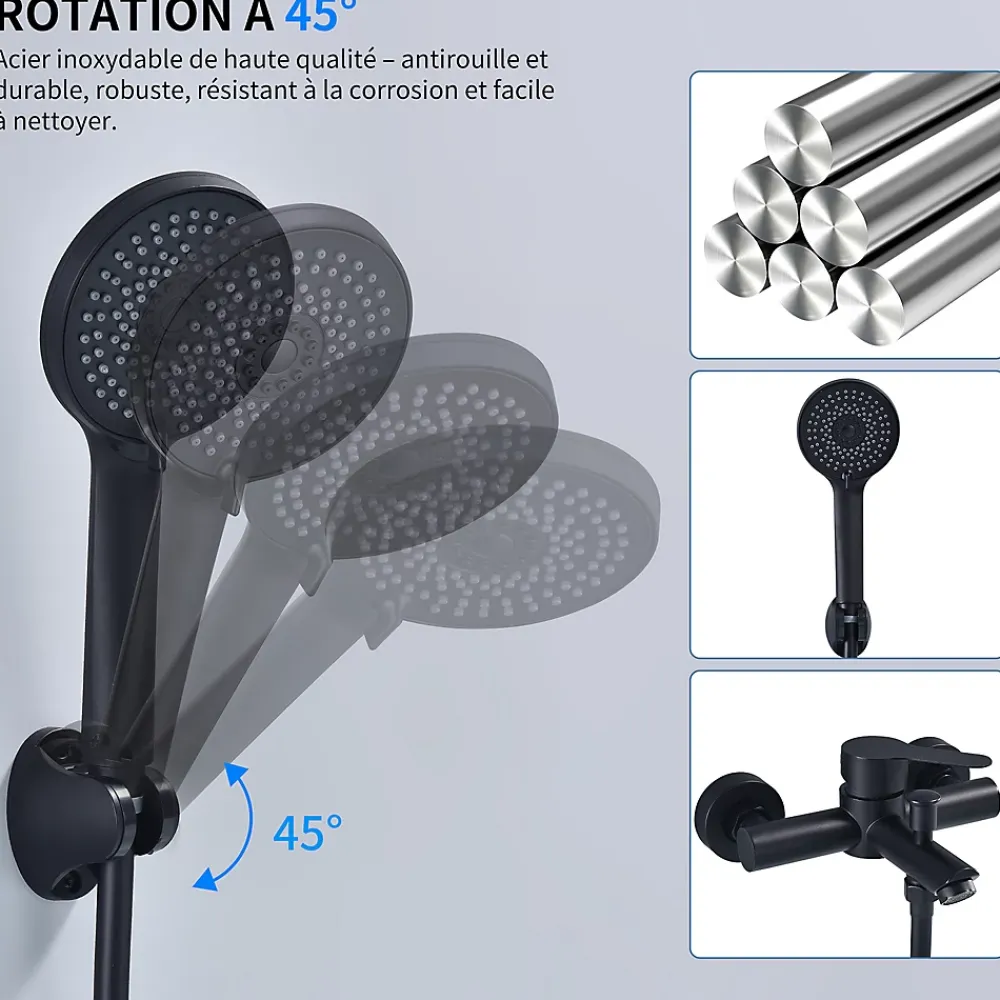 Homelody Mitigeur Bain Douche Mecanique Robinet de Douche Bain Mecanique Monocommande Double Sortie Mural Acier Inoxydable Noir
