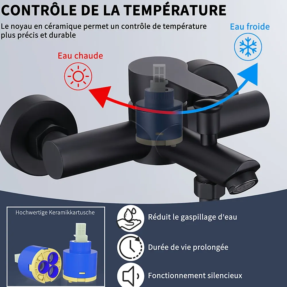 Homelody Mitigeur Bain Douche Mecanique Robinet de Douche Bain Mecanique Monocommande Double Sortie Mural Acier Inoxydable Noir