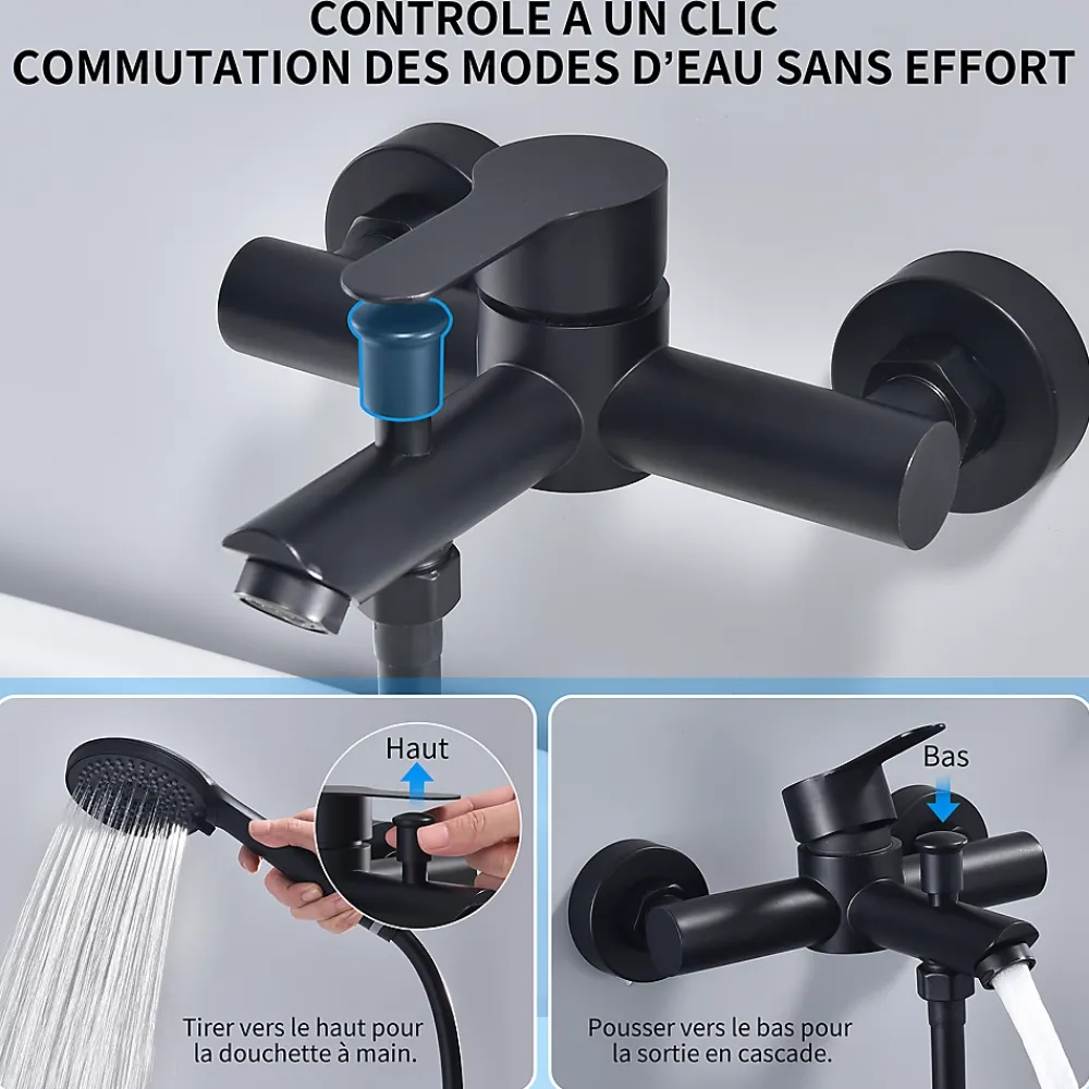 Homelody Mitigeur Bain Douche Mecanique Robinet de Douche Bain Mecanique Monocommande Double Sortie Mural Acier Inoxydable Noir