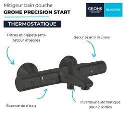 Robinet De Baignoire|Grohe Mitigeur bain douche thermostatique Precision Start noir