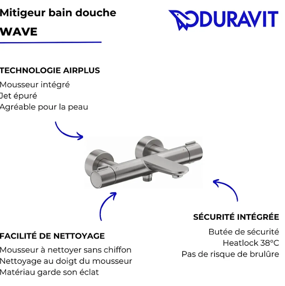 Duravit Mitigeur bain douche thermostatique Wave inox brossé