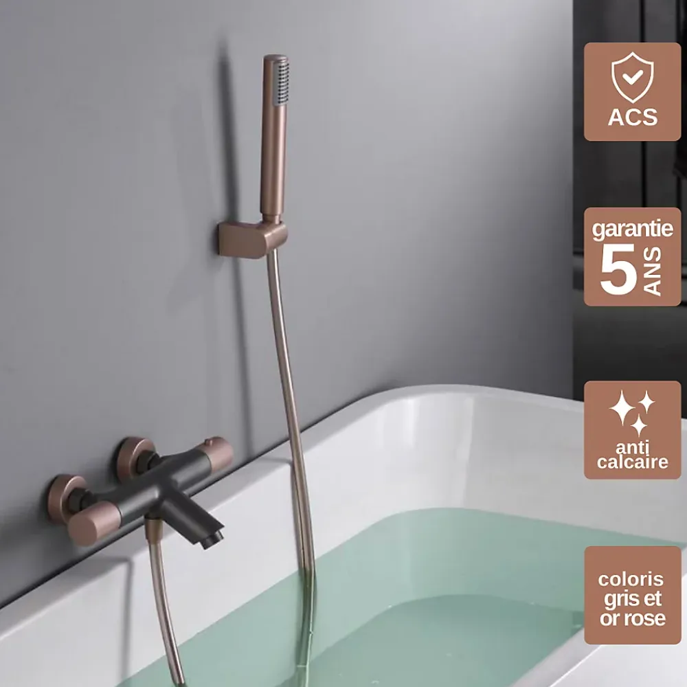 Imex Mitigeur Bain/Douche Anti-Calcaire Thermostatique Gris et Champagne LINE BTD038-4GC