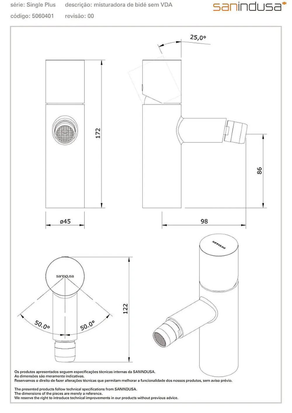 Robinet De Bidet|Sanindusa Mitigeur bidet à commande cylindrique jet orientable Single Plus chrome livré avec fixation et 2 flexibles