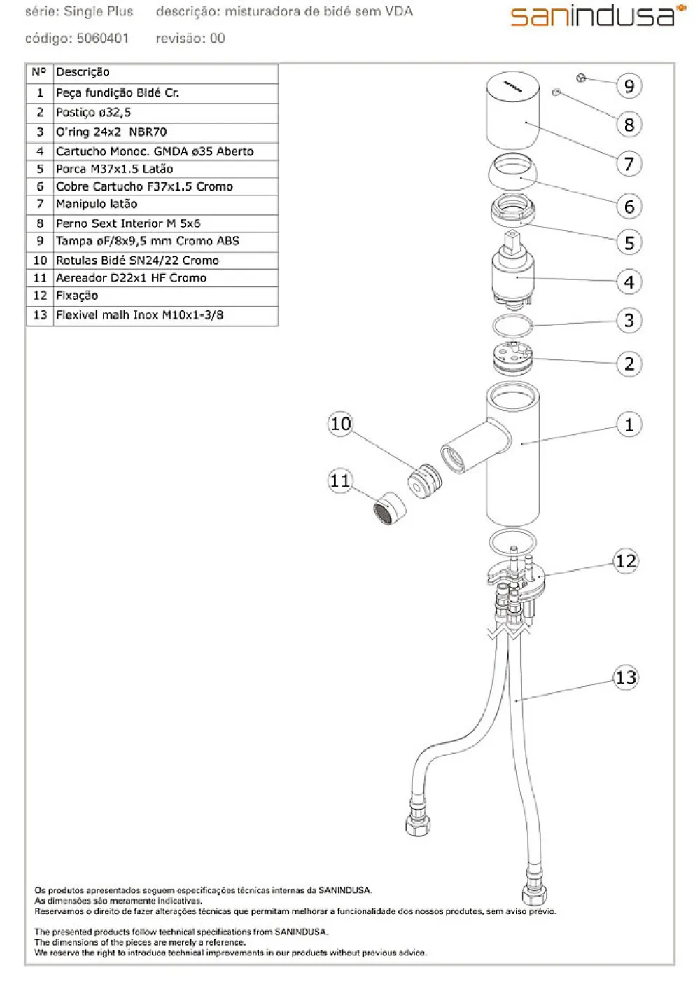 Robinet De Bidet|Sanindusa Mitigeur bidet à commande cylindrique jet orientable Single Plus chrome livré avec fixation et 2 flexibles
