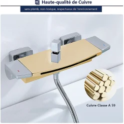 Robinet De Baignoire|Homelody Mitigeur de Baignoire Cascade Robinet de Douche Mural avec Douchette à Mains Laiton Set de douche en Laiton Chromé