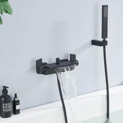 Homelody Mitigeur de Baignoire Mural avec Bec Cascade et Douchette a Main Flexible 1 5 m Laiton Noir Mat