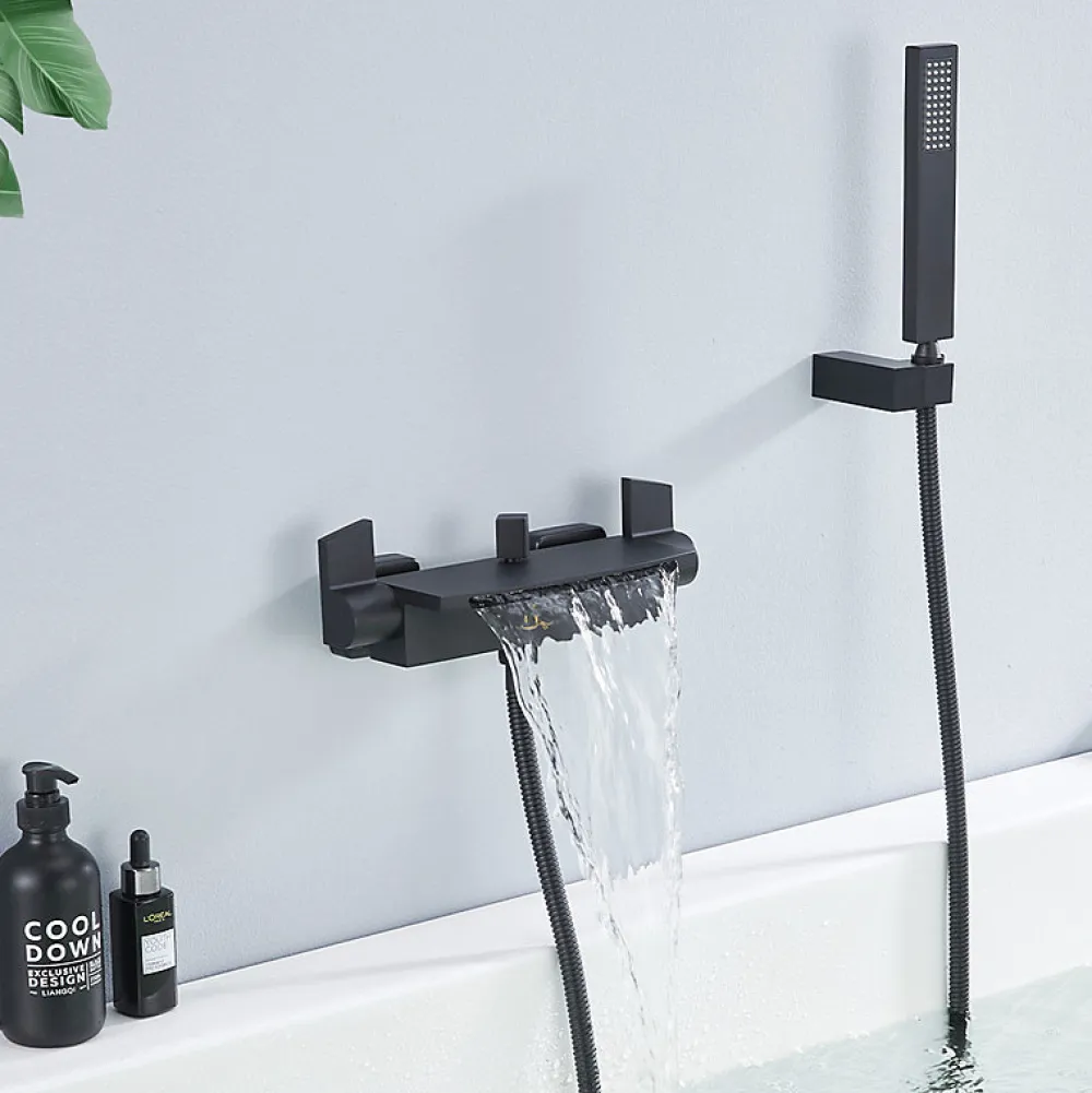 Homelody Mitigeur de Baignoire Mural avec Bec Cascade et Douchette a Main Flexible 1 5 m Laiton Noir Mat