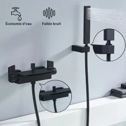 Homelody Mitigeur de Baignoire Mural avec Bec Cascade et Douchette a Main Flexible 1 5 m Laiton Noir Mat