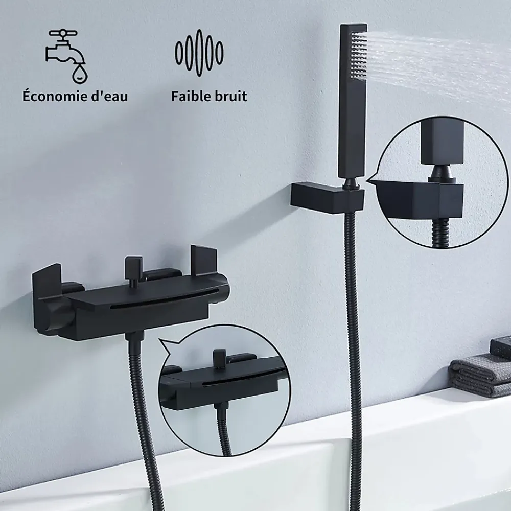 Homelody Mitigeur de Baignoire Mural avec Bec Cascade et Douchette a Main Flexible 1 5 m Laiton Noir Mat
