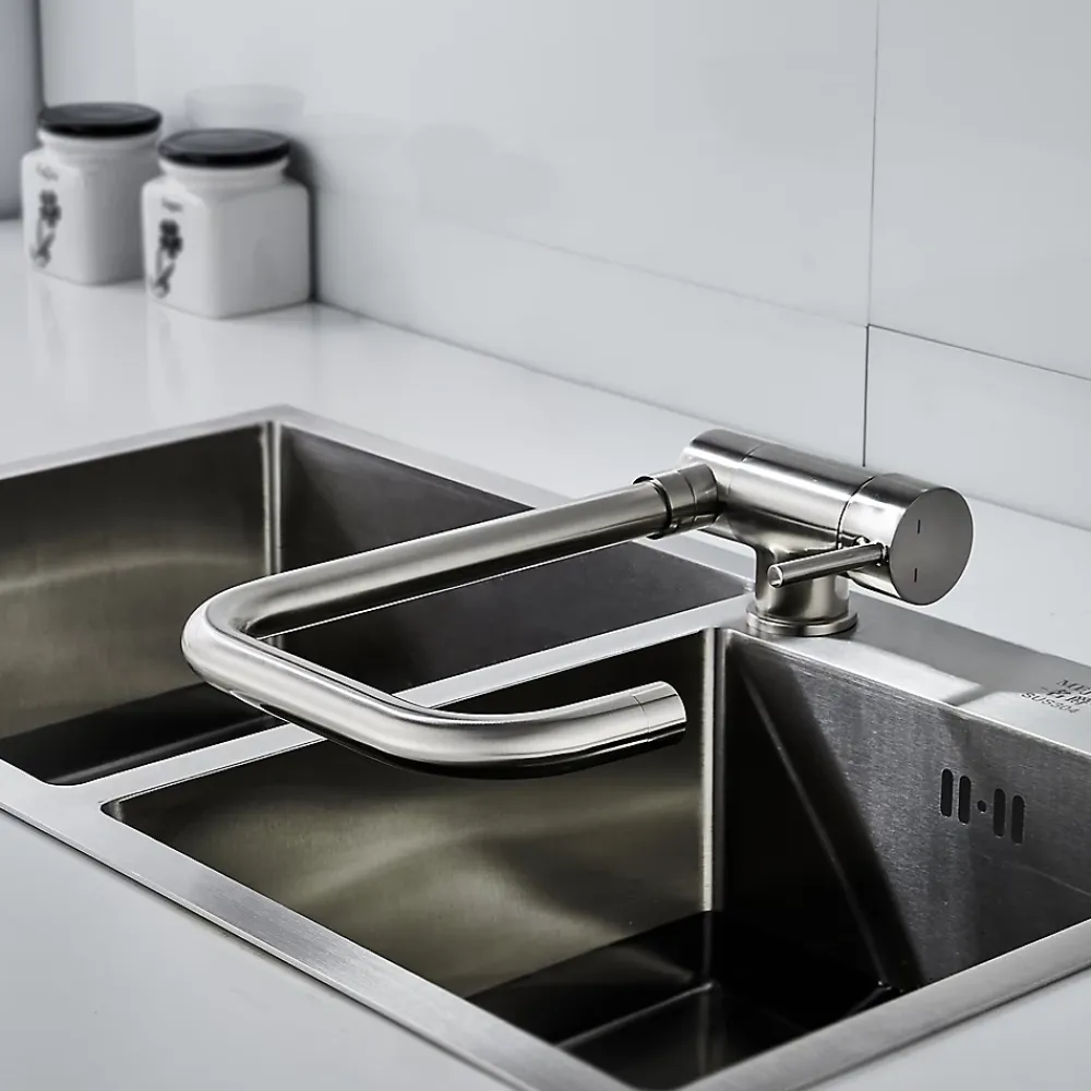 Evier Et Robinet De Buanderie|GoodHome Mitigeur de cuisine rabattable nickel brossé Deltana