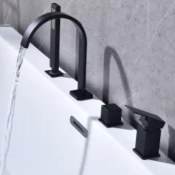 Robinet De Baignoire|Homelody Mitigeur de Douche et Robinet de Douche Bain-Douche 4 Trous Double Sortie Encastre en Laiton Noir Bec Cascade Pivotant 360
