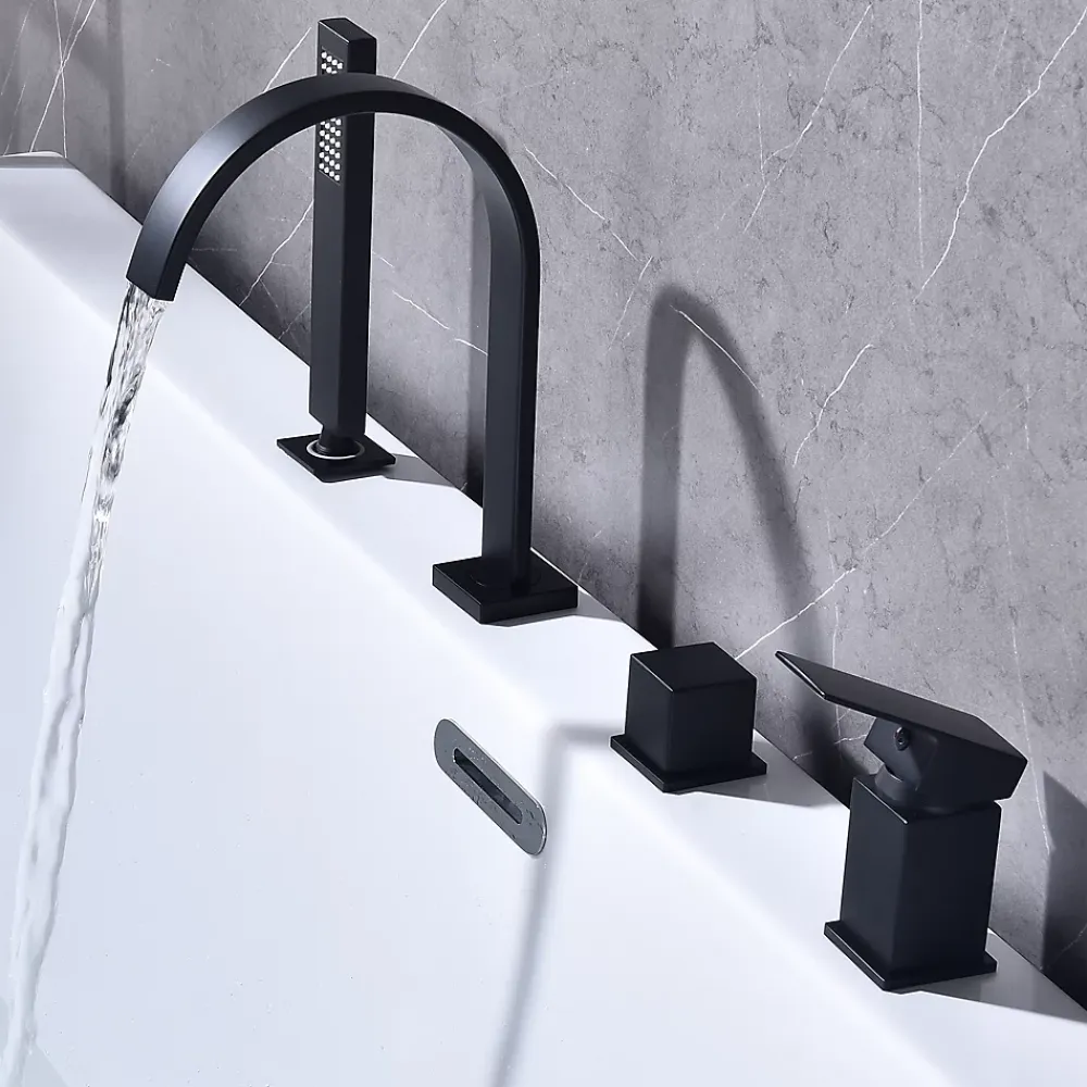 Robinet De Baignoire|Homelody Mitigeur de Douche et Robinet de Douche Bain-Douche 4 Trous Double Sortie Encastre en Laiton Noir Bec Cascade Pivotant 360