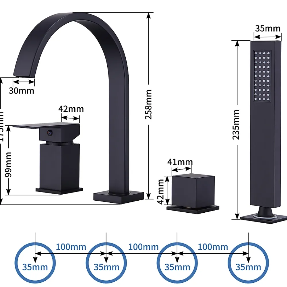 Robinet De Baignoire|Homelody Mitigeur de Douche et Robinet de Douche Bain-Douche 4 Trous Double Sortie Encastre en Laiton Noir Bec Cascade Pivotant 360