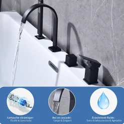 Robinet De Baignoire|Homelody Mitigeur de Douche et Robinet de Douche Bain-Douche 4 Trous Double Sortie Encastre en Laiton Noir Bec Cascade Pivotant 360