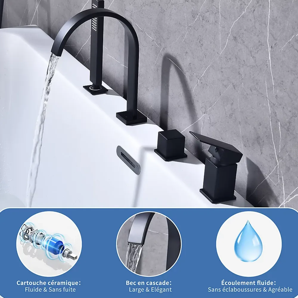 Robinet De Baignoire|Homelody Mitigeur de Douche et Robinet de Douche Bain-Douche 4 Trous Double Sortie Encastre en Laiton Noir Bec Cascade Pivotant 360