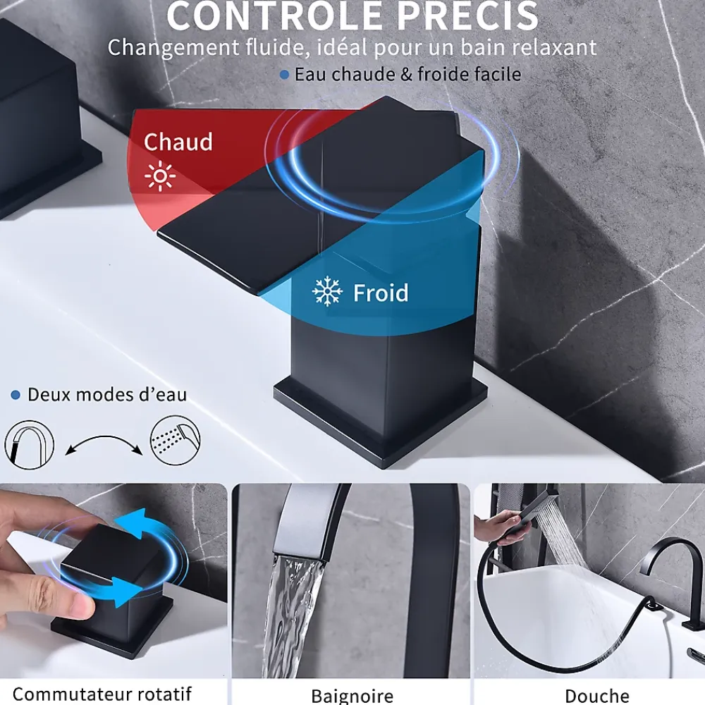 Robinet De Baignoire|Homelody Mitigeur de Douche et Robinet de Douche Bain-Douche 4 Trous Double Sortie Encastre en Laiton Noir Bec Cascade Pivotant 360