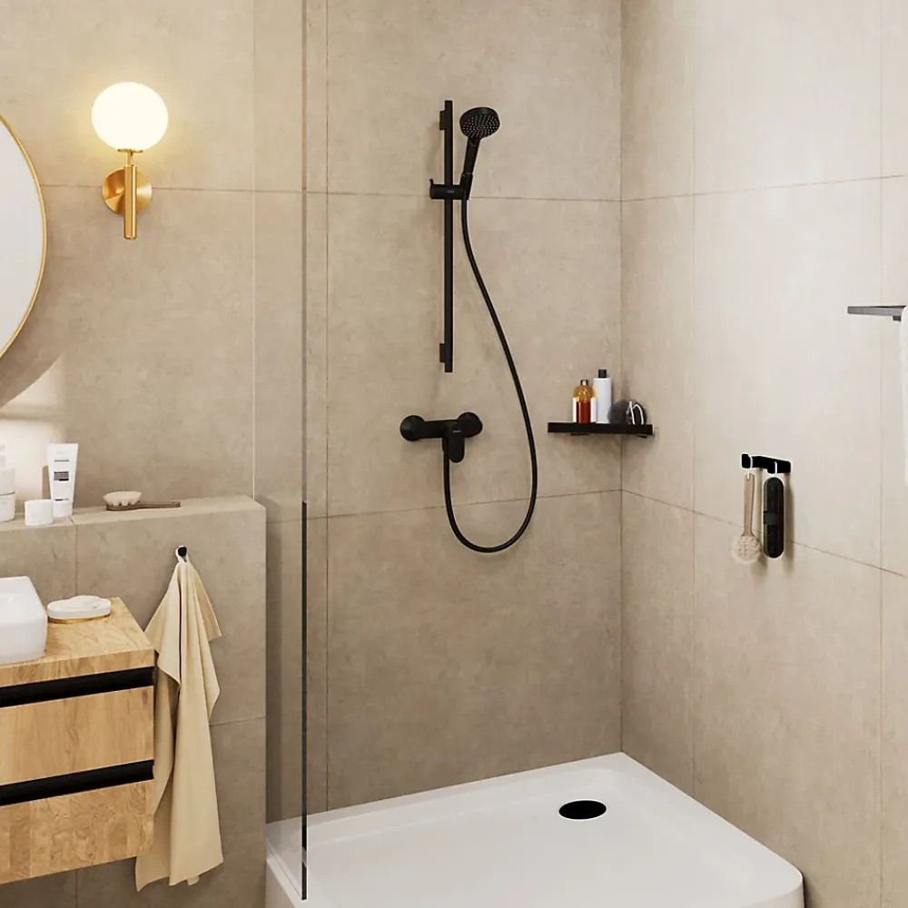 Hansgrohe Mitigeur de douche mécanique noir mat avec douchette, flexible et barre réglable, Vernis Blend