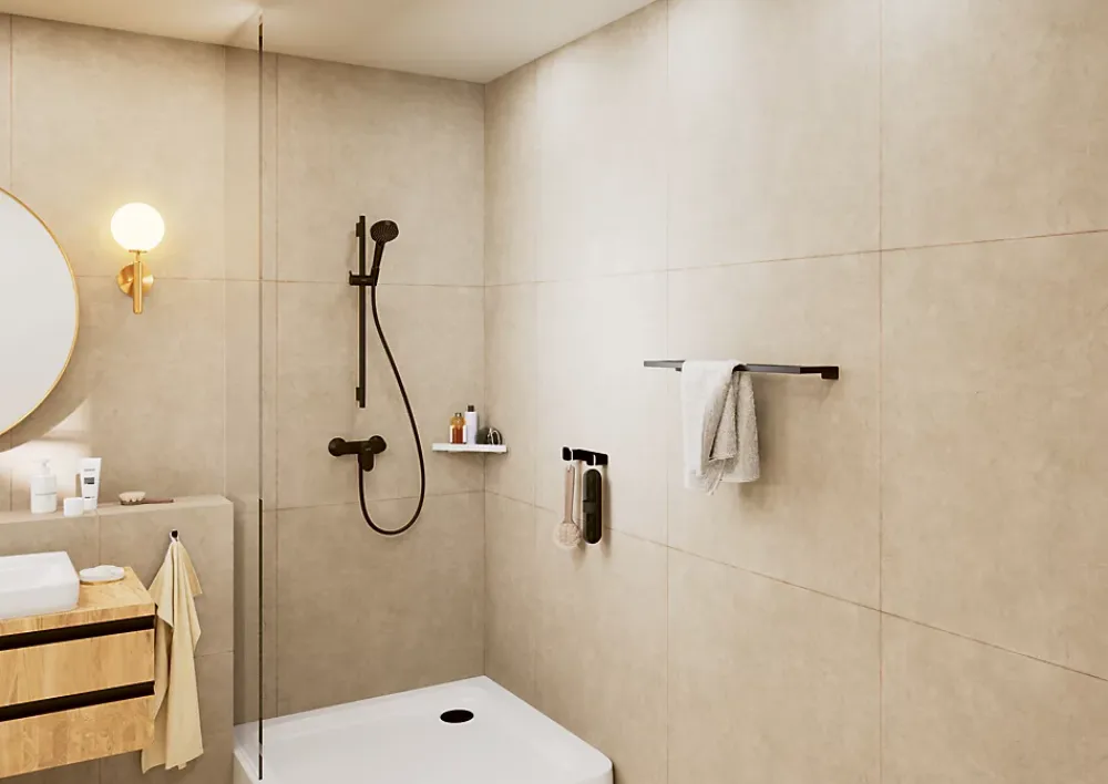 Hansgrohe Mitigeur de douche mécanique noir mat avec douchette, flexible et barre réglable, Vernis Blend