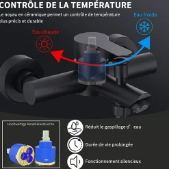 Homelody Mitigeur de Douche Robinet de Baignoire Mecanique Monocommande Double Sortie Mural Acier Inoxydable Noir Pour Baignoire