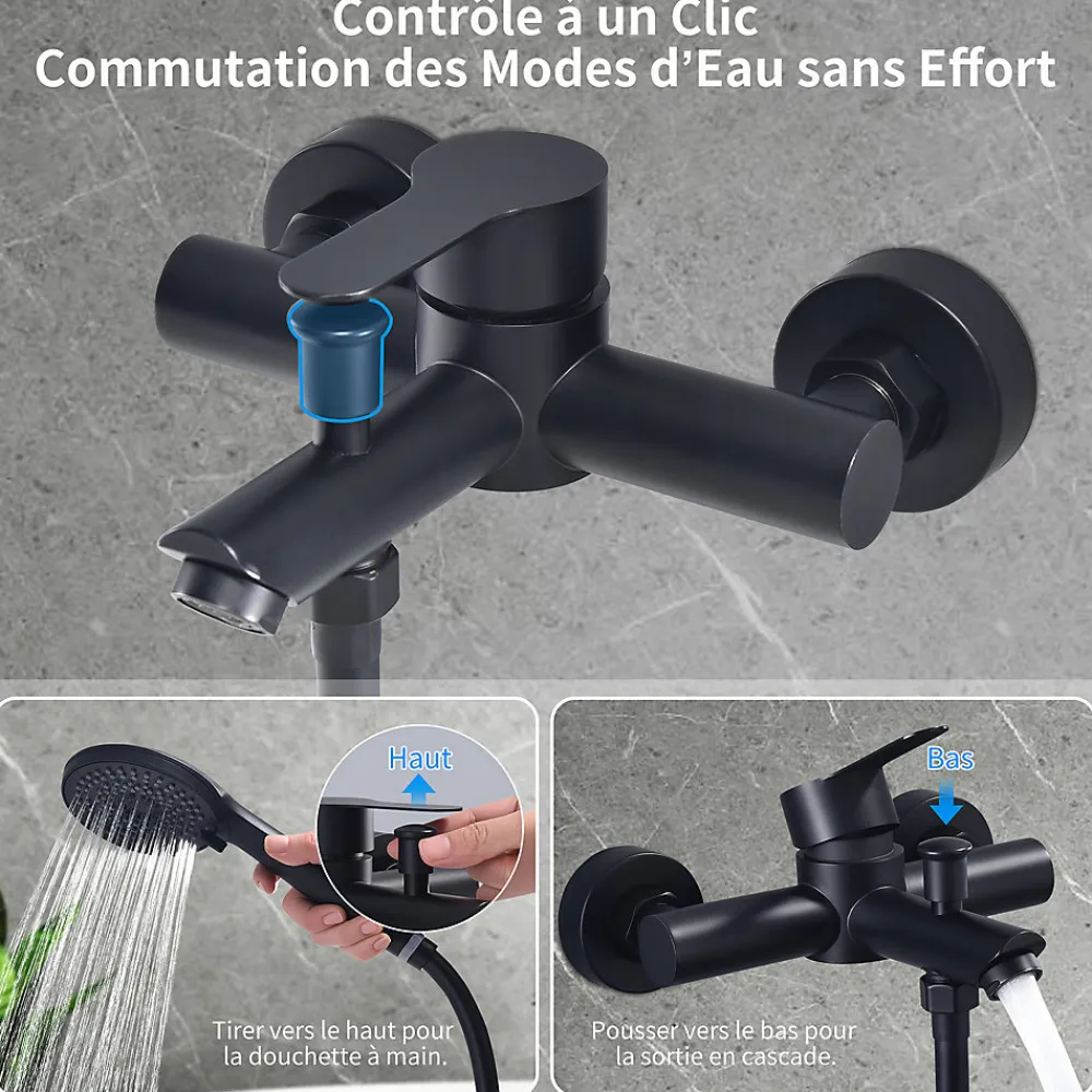 Homelody Mitigeur de Douche Robinet de Baignoire Mecanique Monocommande Double Sortie Mural Acier Inoxydable Noir Pour Baignoire