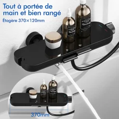 Homelody Mitigeur de Douche Robinet Douche Bain Douche Mural Monocommande à Bouton avec Double Sortie et Plateau Rangement Noir