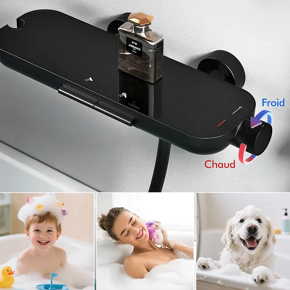 Homelody Mitigeur de Douche Robinet Douche Bain Douche Mural Monocommande à Bouton avec Double Sortie et Plateau Rangement Noir