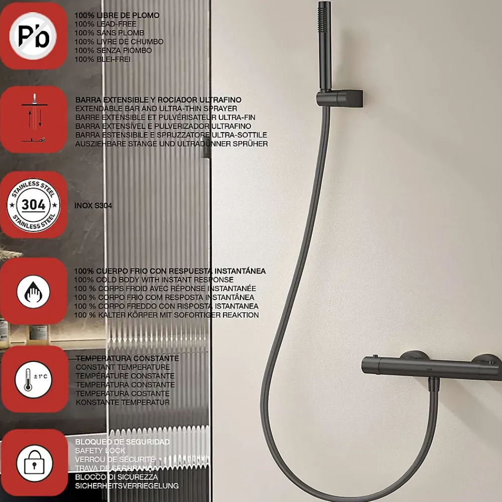 Robinet De Douche|Poalgi Mitigeur de douche thermostatique avec douchette SKY BATH noir mat Inox S304 série SUPREME
