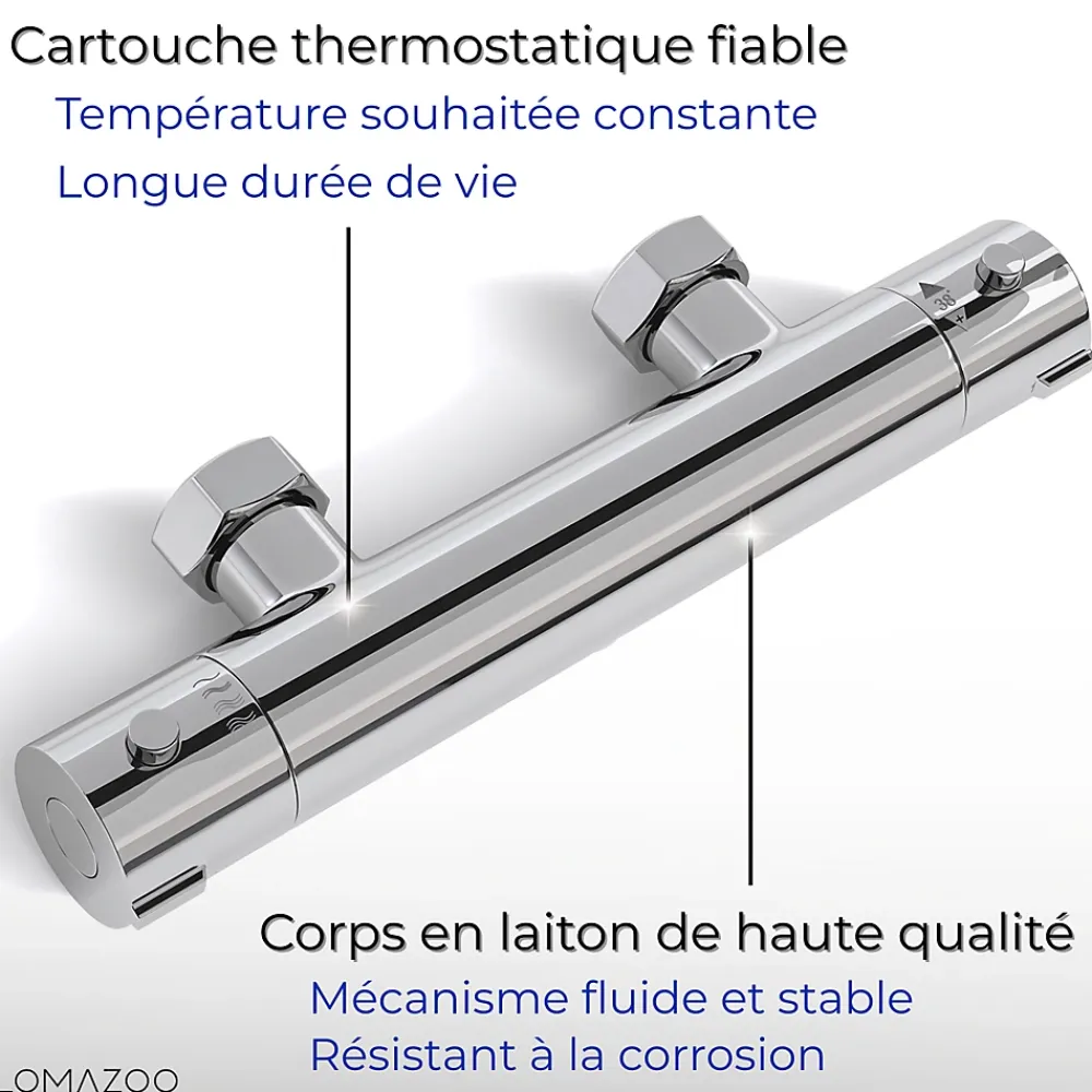 Robinet De Douche|Lomazoo Mitigeur de douche thermostatique chromé - Entraxe 12 cm - avec bouton de sécurité 38C