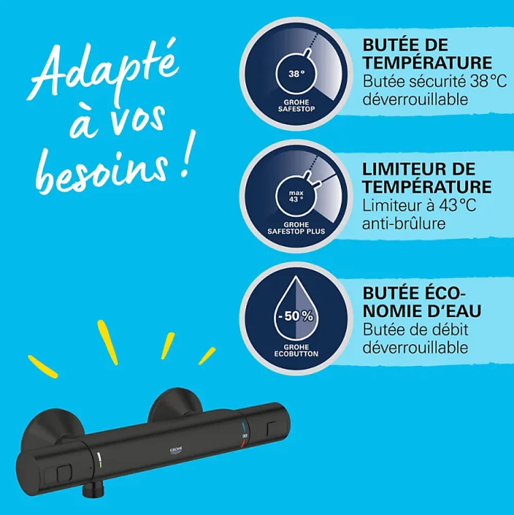 Robinet De Douche|Grohe Mitigeur de douche thermostatique Precision Start noir mat + chiffonnette