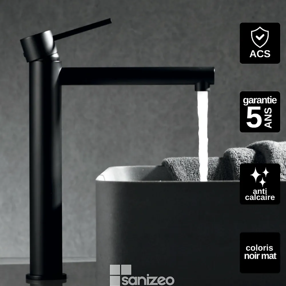Robinet Lavabo Et Vasque|Imex Mitigeur de Lavabo Anti-Calcaire Bec Haut Noir Mat MILOS STICK BDYS045-3NG