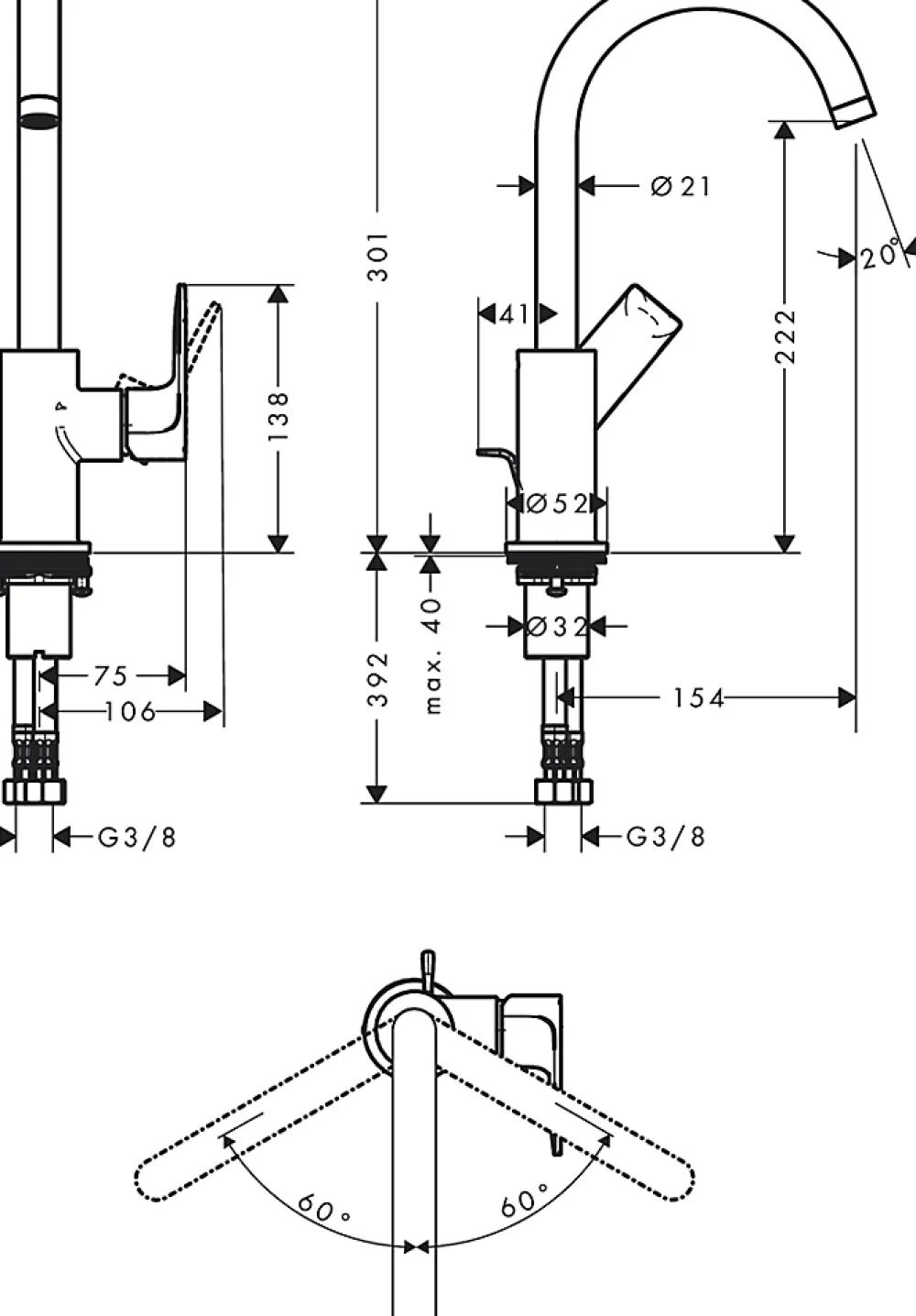 Hansgrohe Mitigeur de lavabo avec bec orientable, tirette et vidage chromé, Rebris E 210