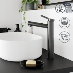 GoodHome Mitigeur de lavabo avec mousseur orientable, taille XL, gun metal, H.25,7 cm, Maza