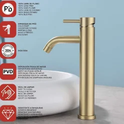Poalgi Mitigeur de lavabo bec haut SKY BATH or brossé PVD Inox S304 série Rock