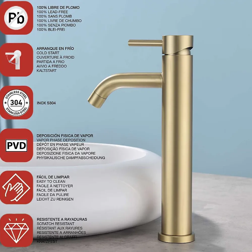 Poalgi Mitigeur de lavabo bec haut SKY BATH or brossé PVD Inox S304 série Rock
