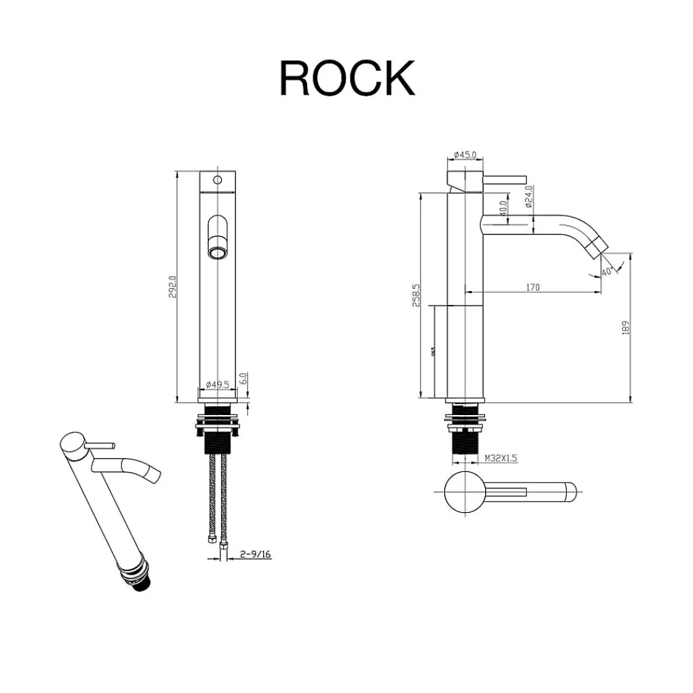 Poalgi Mitigeur de lavabo bec haut SKY BATH or brossé PVD Inox S304 série Rock
