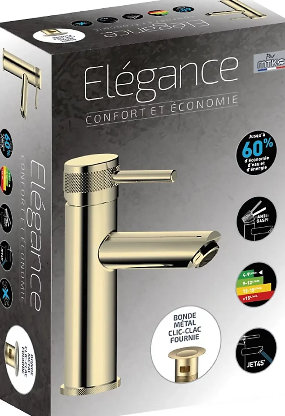 MTK Mitigeur de lavabo doré avec bonde clic clac, Élégance