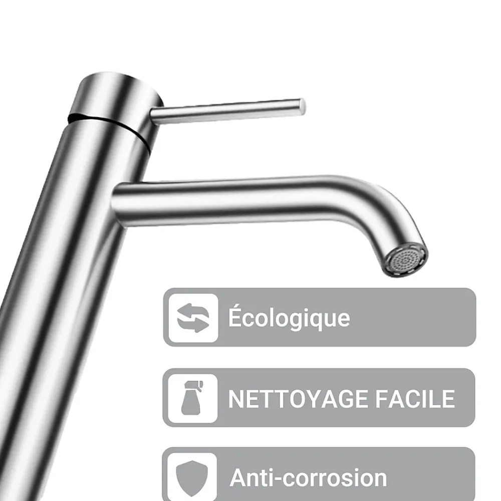 Robinet Lavabo Et Vasque|AICA Sanitaire Mitigeur de lavabo haut, acier inoxydable 304 brossé argenté, mixte froid/chaud