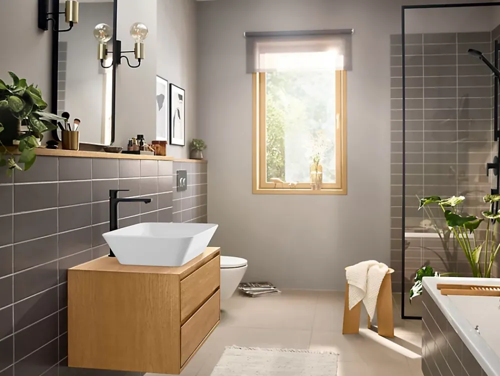 Hansgrohe Mitigeur de lavabo pour vasque à poser avec tirette et vidage noir mat, Rebris E 240 CoolStart