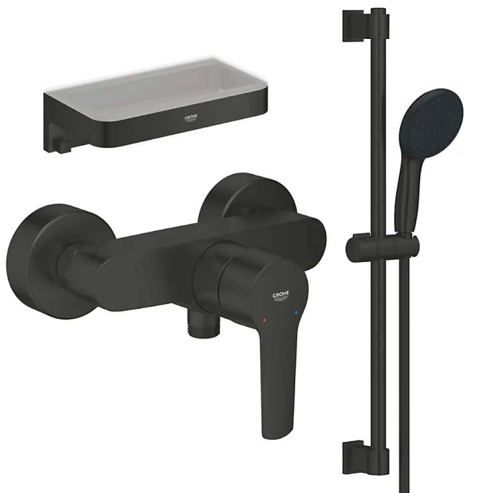 Colonne De Douche Mécanique|Grohe Mitigeur douche mécanique start Black + Ensemble de douche 2 jets avec barre Noir + Panier douche