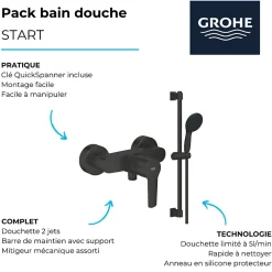 Colonne De Douche Mécanique|Grohe Mitigeur douche mécanique start Black + Ensemble de douche 2 jets avec barre Noir + Panier douche