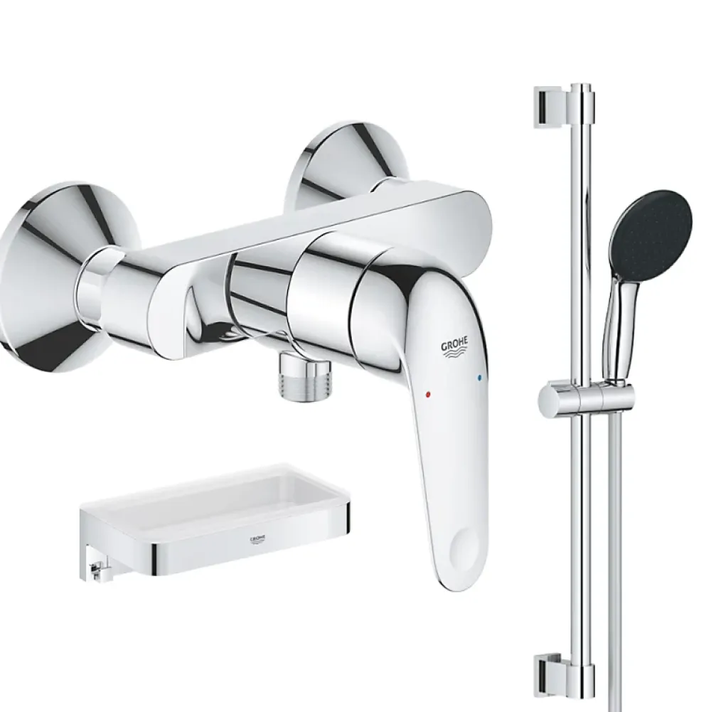 Grohe Mitigeur douche mécanique Swift 2023 + Ensemble de douche 2 jets avec barre + Panier douche