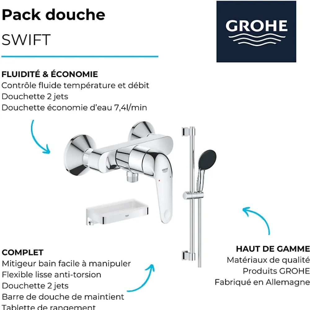 Grohe Mitigeur douche mécanique Swift 2023 + Ensemble de douche 2 jets avec barre + Panier douche