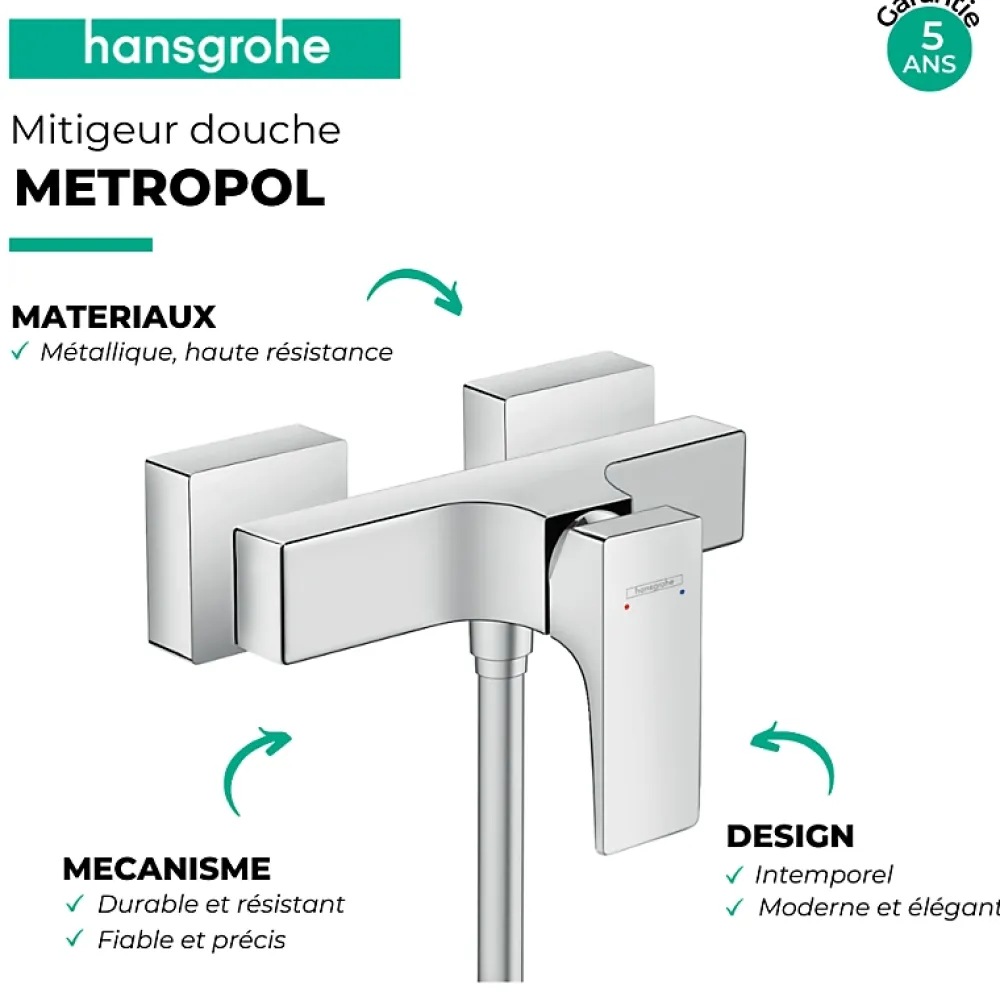 Hansgrohe Mitigeur douche mécanique Metropol noir chromé brossé