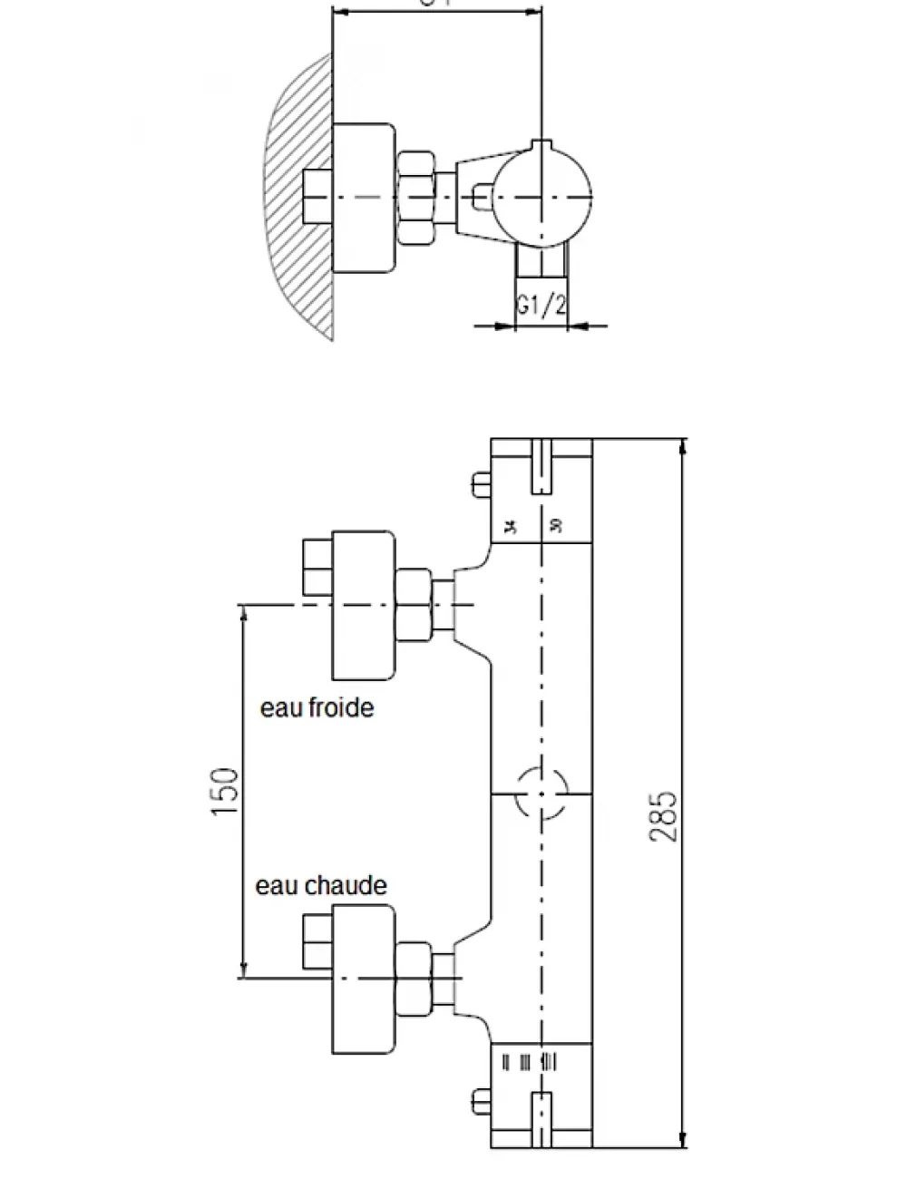 Robinet De Douche|Rav Mitigeur douche mural thermostatique laiton chromé sortie douchette bas-Chromé-Avec douchette à support fixe-Chromé--28.5 -