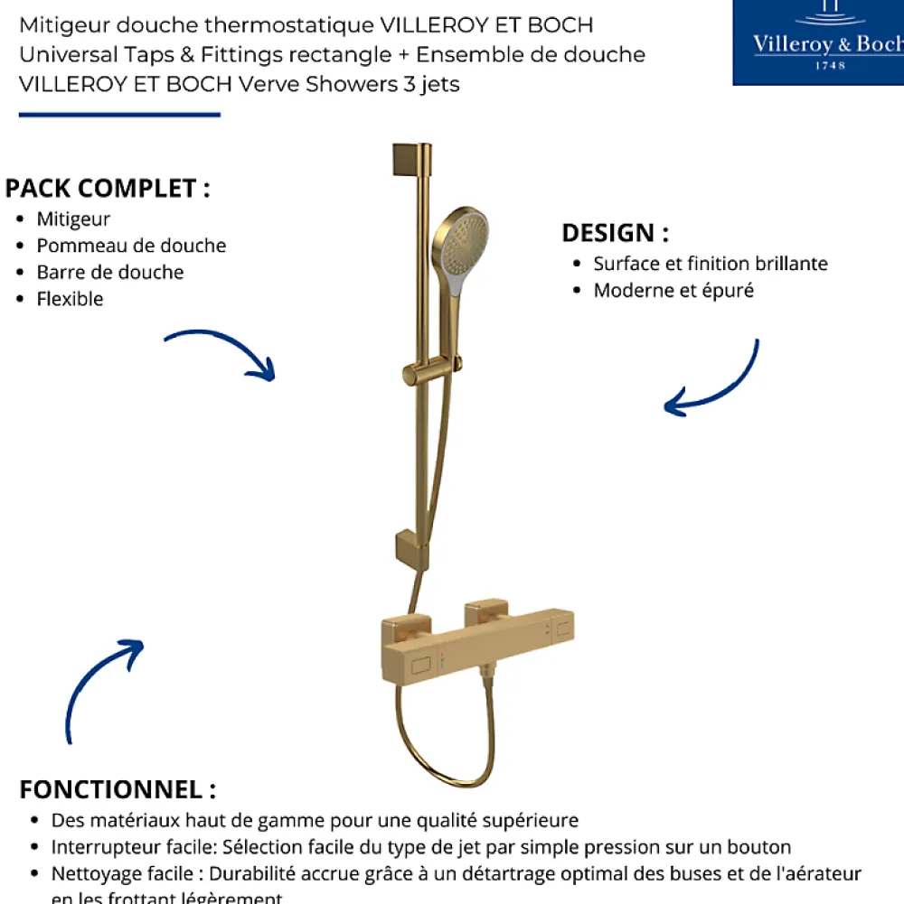 Villeroy & Boch Mitigeur douche thermostatique VILLEROY ET BOCH Universal rectangle + Ensemble de douche Verve Showers 3 jets Or brossé