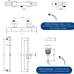 Villeroy & Boch Mitigeur douche thermostatique VILLEROY ET BOCH Universal rectangle + Ensemble de douche Verve Showers 3 jets Or brossé