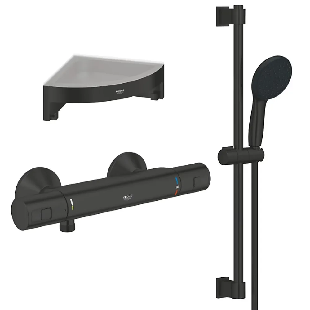Grohe Mitigeur douche thermostatique Precision Start + Ensemble de douche avec barre 2 jets + Tablette de douche d'angle