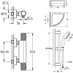 Grohe Mitigeur douche thermostatique Precision Start + Ensemble de douche avec barre 2 jets + Tablette de douche d'angle
