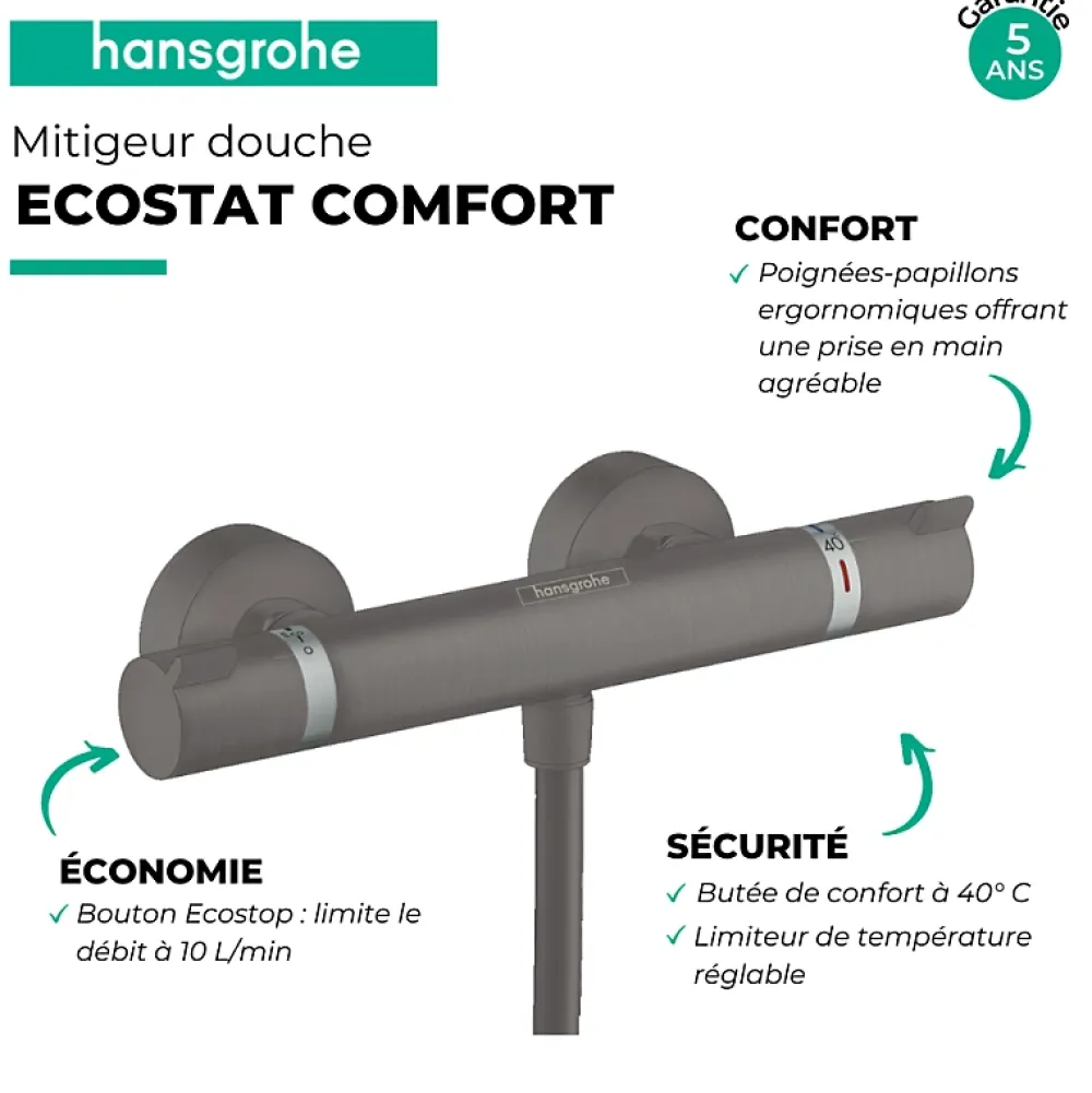 Hansgrohe Mitigeur douche thermostatique Ecostat Comfort noir chromé brossé