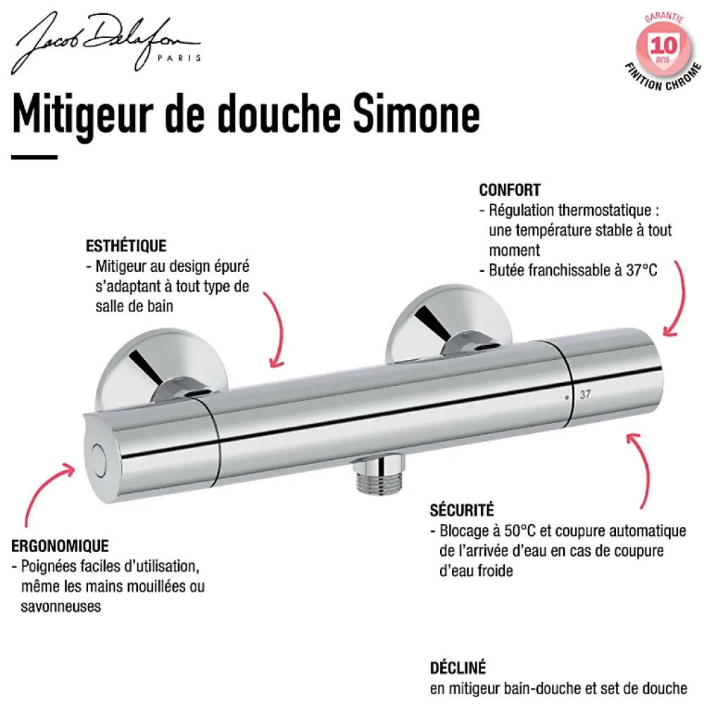 Jacob Delafon Mitigeur douche thermostatique Simone chrome + nettoyant